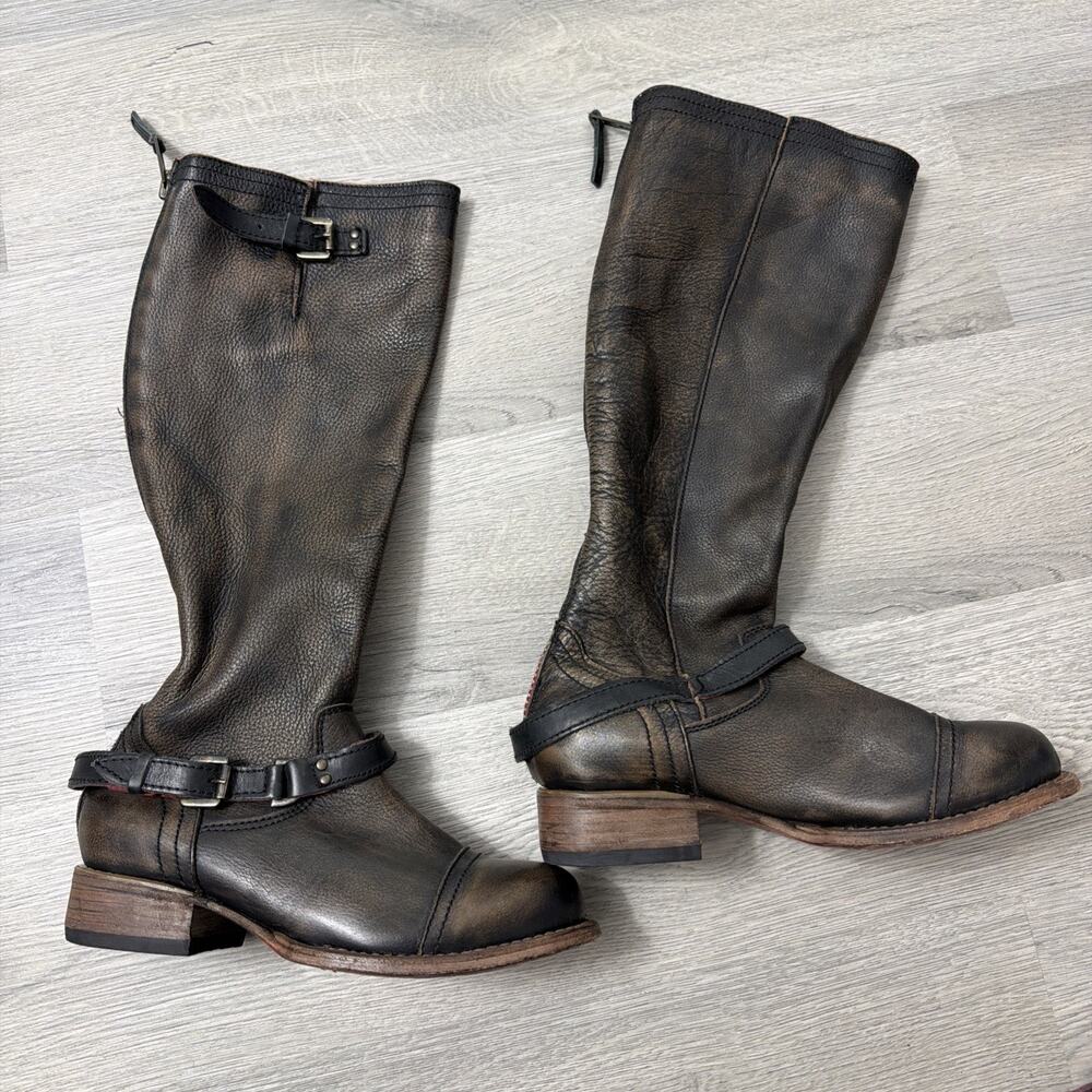Freebird Roadey Brown Leather Tall Boots Red Zipper Riding Boho Size 7